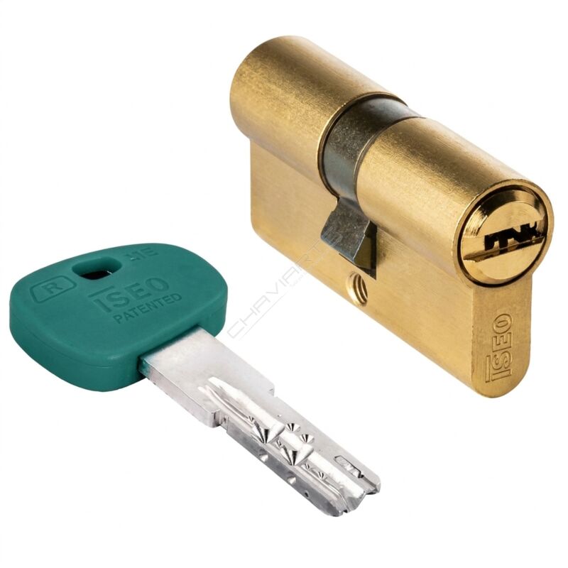 ISEO euro profile lock cylinder in brass with green key - Chaviarte