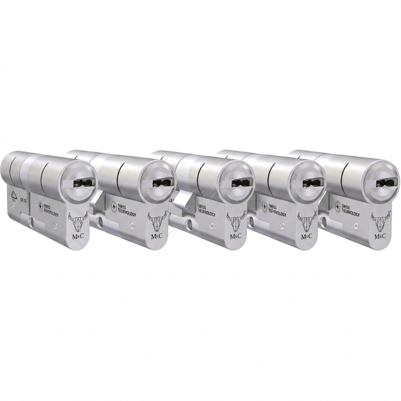 Pack de 5 cilindros de segurança M&C Minos 32/32 niquelado com chave reversível