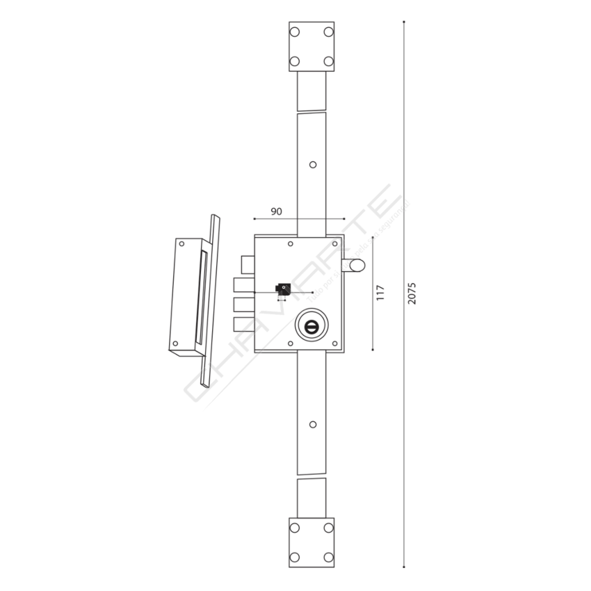 Fechadura multiponto de sobrepor UCEM 4516 SAI, cilindro fixo redondo, esquerda, entrada 60mm