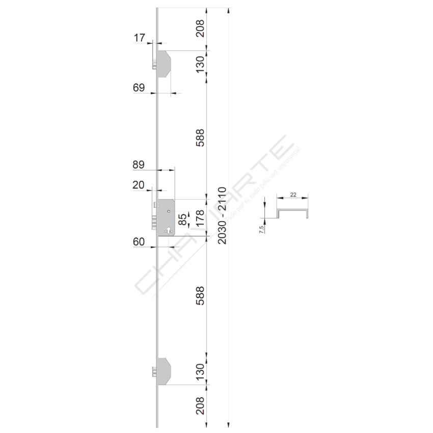 Fechadura multiponto 3 pontos UCEM 2560/2561, chapa em U, entrada 60mm, cromado