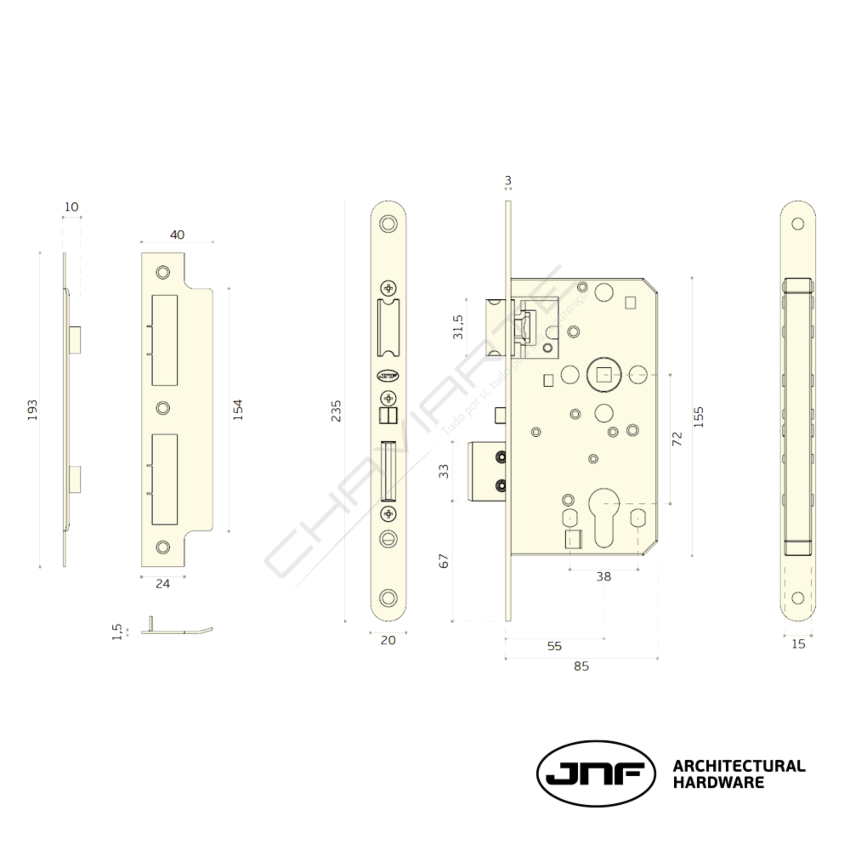 Fechadura corta fogo JNF IN.20.789, antipânico, automática,entrada de 55mm