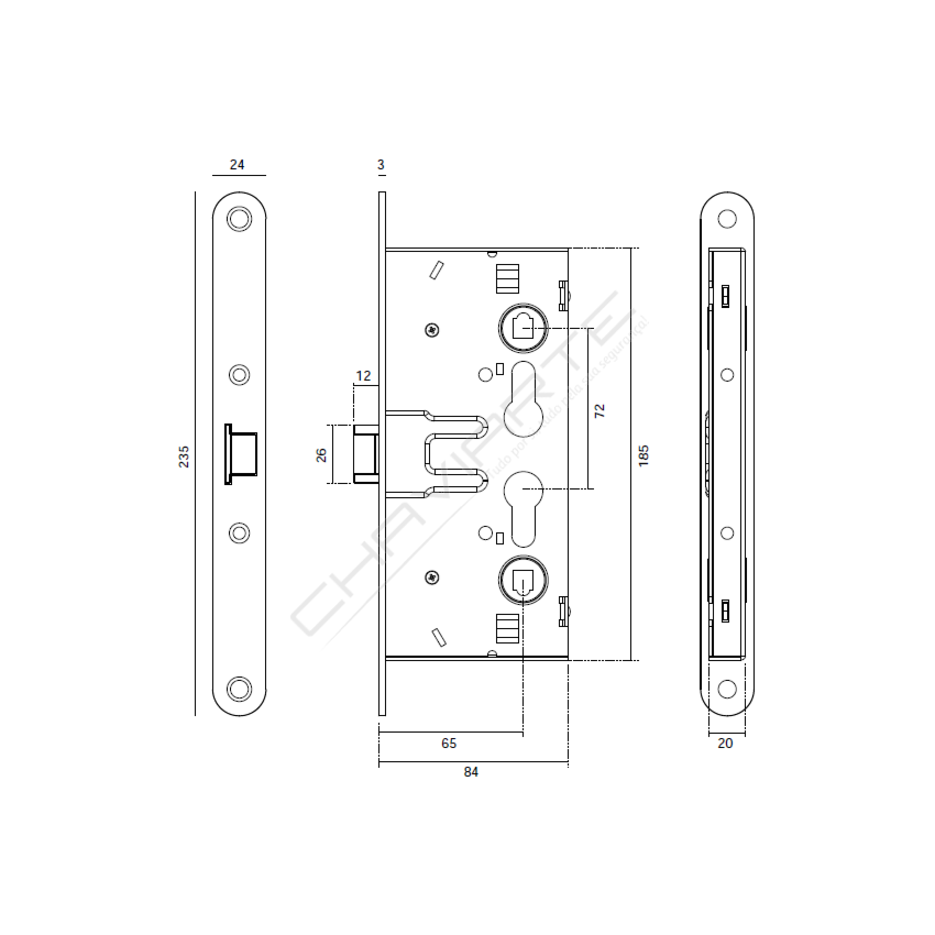 Fechadura corta fogo JNF IN.20.960, antipânico, reversível, entrada 65mm