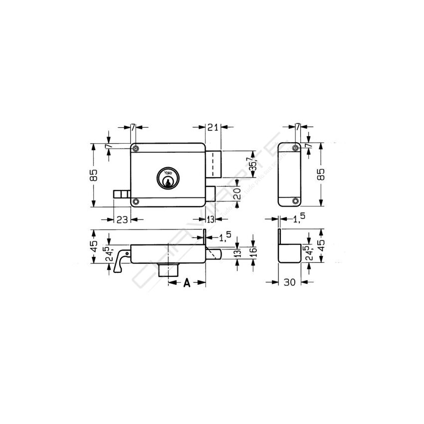Fechadura de sobrepor Yale 61000501 (tipo 720) cilindro solto, direita, entrada 5 cm