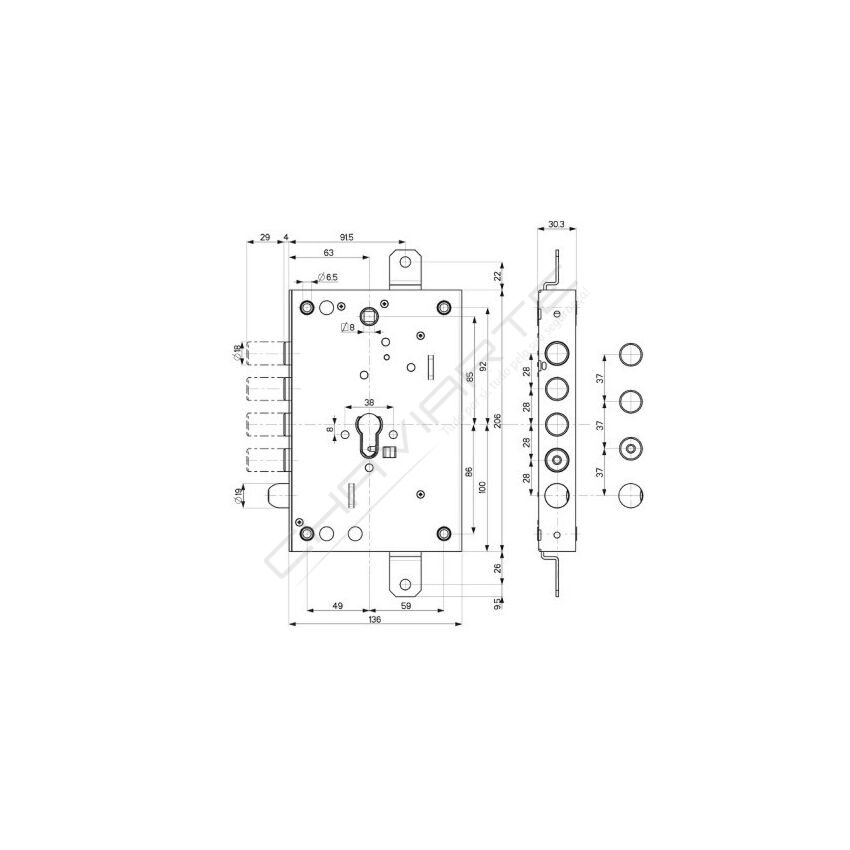 Fechadura Mottura, porta blindada 3 pernos 82571W700Q