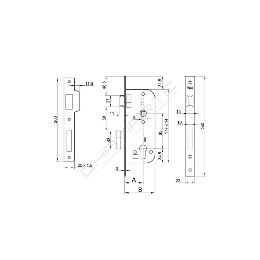 Fechadura de embutir madeira YALE 520 (tipo 790), entrada 40 mm