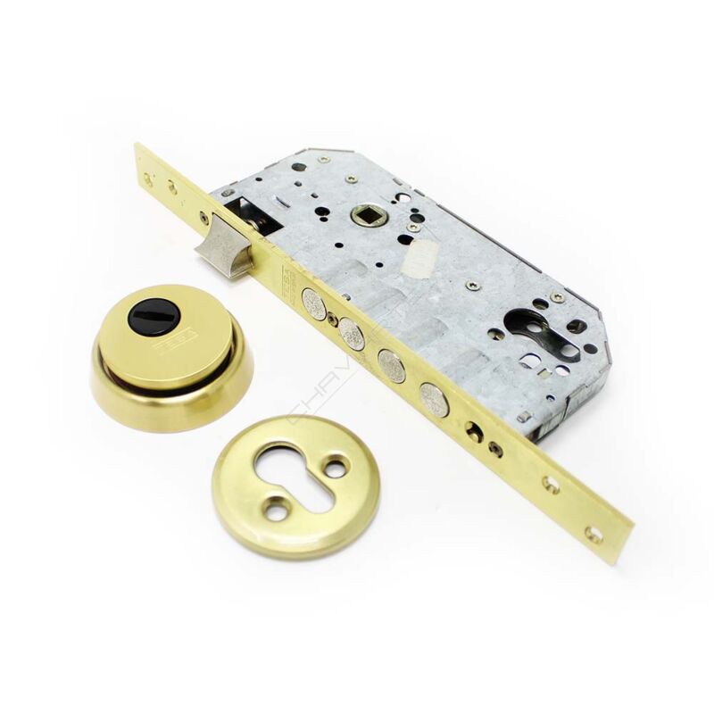 Fechadura de embutir madeira Tesa R200B, entrada 50 mm, latonado (inclui cilindro e escudo segurança)